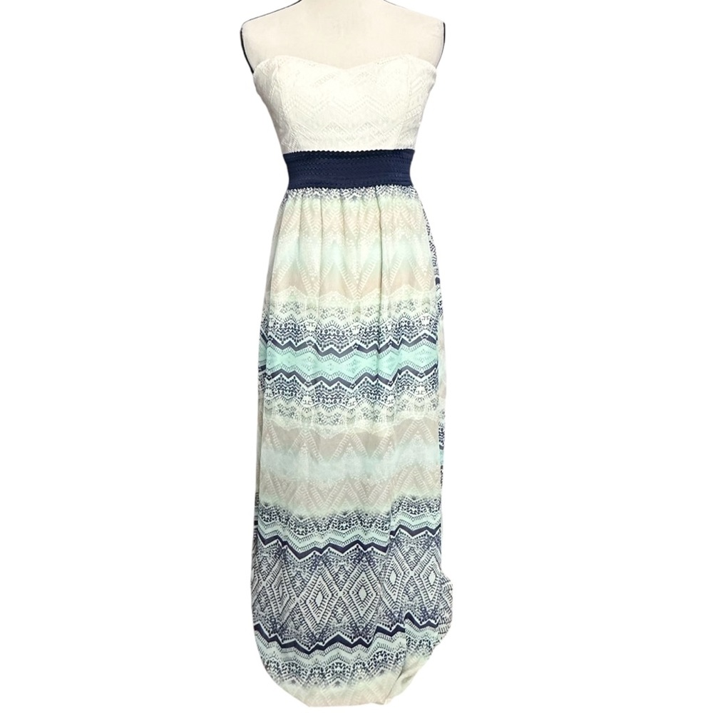 Trixxi Strapless Maxi Dress in White and Blue